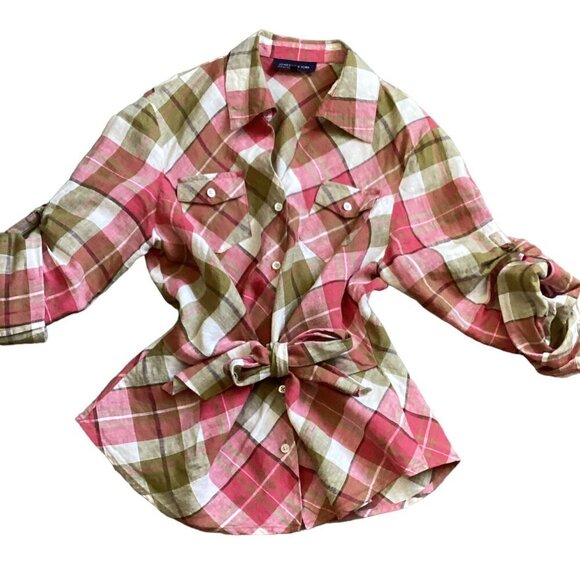 Jones New York Signature Linen Plaid Button Down Shirt Tie Waist Sz L #77M - Picture 6 of 8